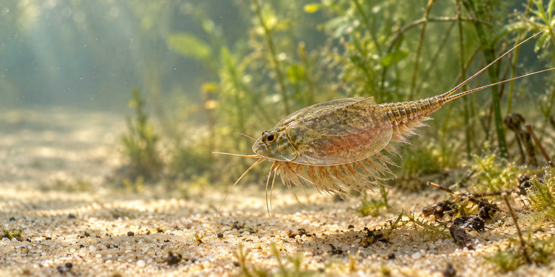 Triops bewegt sich über sandigen Bodengrund in einem flachen Süßgewässer